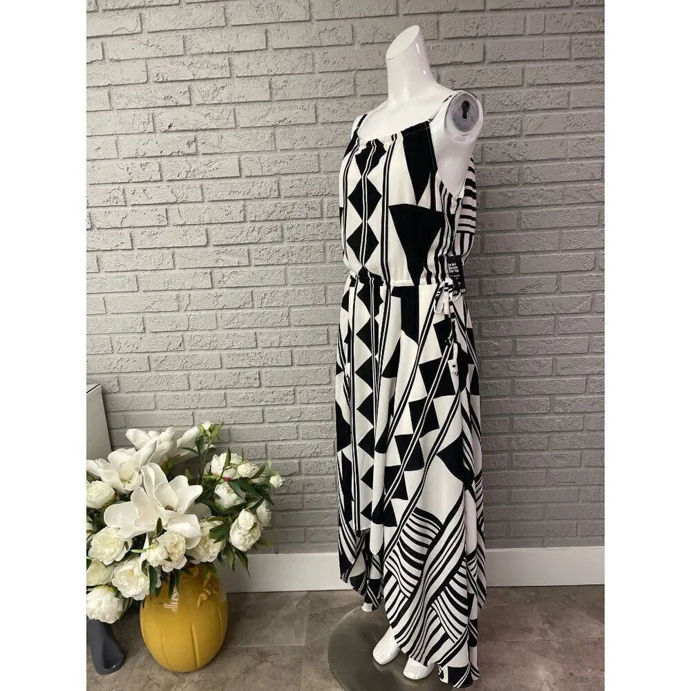 Express Women Black & White Geometric Print Handkerchief Hem Dress Size S NWT